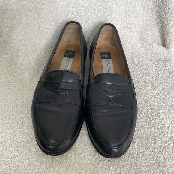 $750 Santoni Solid‎ Black Penny Loafers Leather Shoes Men\'s Size 10.5 FLAWED main image 10